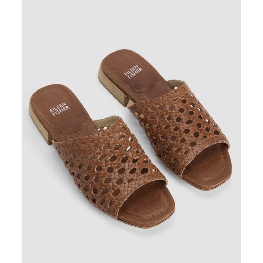 Eileen Fisher Folie Woven Leather Slide Sandal Brown Russet Color Size 9.5 EUC